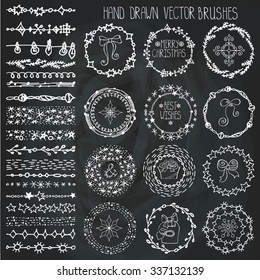 Christmas Hand drawn Pattern brushes,border.New year doodle textures,snowflakes, stars,artistic ornament.Decoration vector set.Circle frame wreath with winter symbols.Used  brushes included.Chalkboard
