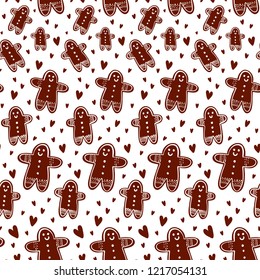 Christmas hand drawn pattern with ginger cookies and hearts. Christmas background