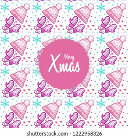 Christmas hand drawn pattern with mittens, knitted hat and snowflakes. Christmas background