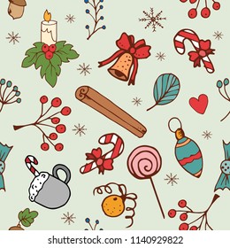 Christmas hand drawn pattern, vector illustrations. Christmas socks, candy canes and snowflakes.