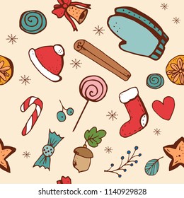 Christmas hand drawn pattern, vector illustrations. Christmas socks, candy canes and snowflakes.