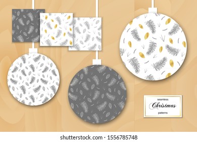 Christmas hand drawn patterns set on wooden background with fir tree branches and golden pine cones. Black and white seamless textures. New year holiday vector illustration. Merry Christmas background