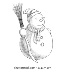 Christmas hand drawn pen vector illustration - snowman in winter hat with broom, vintage style.