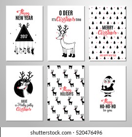 Christmas hand drawn printable cards with deer, santa, christmas tree, snowflakes and lettering. New Year and Merry Christmas invitation set on white background in hipster style. Vector illustration.