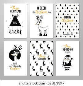 Christmas hand drawn printable cards with deer, santa, christmas tree and lettering. New Year invitation set in hipster style. Vector illustration.