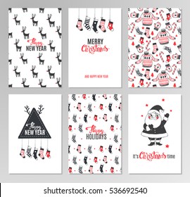 Christmas hand drawn printable cards with deer, santa, christmas tree, snowflakes and lettering. New Year invitation set in hipster style. Vector illustration.