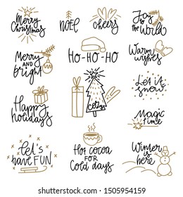 Christmas hand drawn quotes with illustrations. Vector objects set