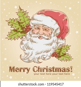 Christmas Hand Drawn Retro Postcard With Cute Smiling Santa Claus And Holly Plant