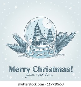 Christmas hand drawn retro postcard with cute glass ball with snowflakes, xmas trees and house inside