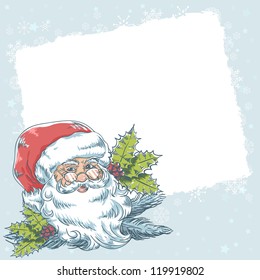 Christmas hand drawn retro postcard with cute smiling Santa Claus and holly plant