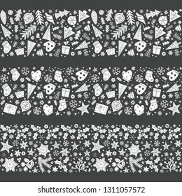 Christmas hand drawn seamless borders in Scandinavian style with transparent ornament. New Year ornaments and typographic design for holiday greeting and Christmas card, postcard. Vector illustration.