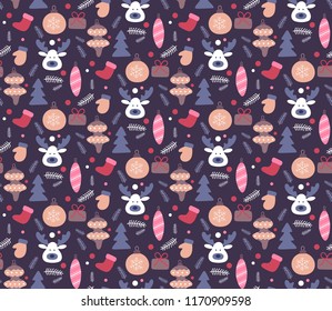Christmas hand drawn seamless pattern. Doodles style in dark color. Winter holiday background, texture for wallpapers, fabrics, wrapping paper. Vector illustration.