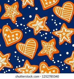 Christmas hand drawn seamless pattern. Doodle texture with Xmas gingerbread cookies, biscuits. Winter holiday color background fill with hearts and stars. New Year wrapping paper sketch illustration