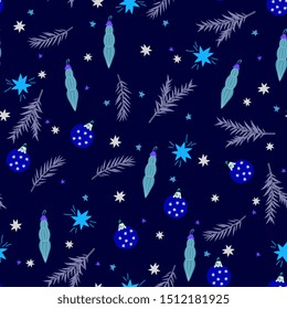 Christmas hand drawn seamless  pattern. Xmas decorations sketch texture. Christmas  gift, fir tree,spruce branches,ball and snowflakes. Holiday scandinavian illustration. New Year textile, wrapping 