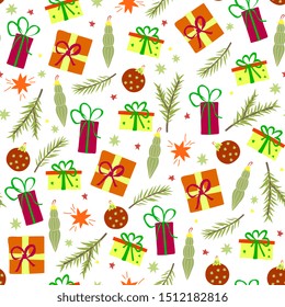 Christmas hand drawn seamless  pattern. Xmas decorations sketch texture. Christmas  gift, fir tree,spruce branches,ball and snowflakes. Holiday scandinavian illustration. New Year textile, wrapping 