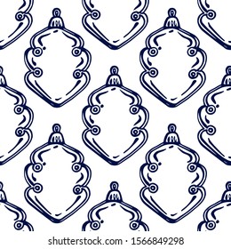 Christmas hand drawn seamless pattern with baubles on white background. Dark blue cone shaped decorations. Suitable for packaging, wrappers, fabric design
