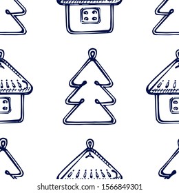Christmas hand drawn seamless pattern with baubles on white background. Dark blue fir-tree and house shaped decorations. Suitable for packaging, wrappers, fabric design