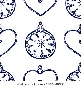 Christmas hand drawn seamless pattern with baubles on white background. Dark blue ball and heart shaped decorations. Suitable for packaging, wrappers, fabric design