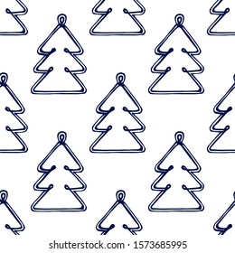 Christmas hand drawn seamless pattern with baubles on white background. Dark blue fir-tree shaped decorations. Suitable for packaging, wrappers, fabric design