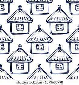 Christmas hand drawn seamless pattern with baubles on white background. Dark blue house shaped decorations. Suitable for packaging, wrappers, fabric design