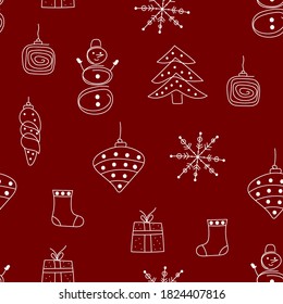 Christmas hand drawn seamless pattern with christmas tree toys,  snowflakes and gift. Vector doodle illustration for christmas wrapping paper. Winter background