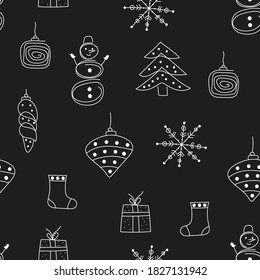 Patrón impecable de Navidad con juguetes de árboles de navidad, copos de nieve y regalo. Ilustración de doodle vectorial para papel de envoltura de navidad. Fondo de invierno