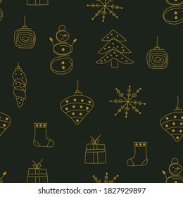 Christmas hand drawn seamless pattern with christmas tree toys,  snowflakes and gift. Vector doodle illustration for christmas wrapping paper. Winter background