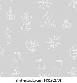 Christmas hand drawn seamless pattern with christmas tree toys,  snowflakes and gift. Vector doodle illustration for christmas wrapping paper. Winter background