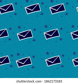 Christmas hand drawn seamless pattern with Santa Claus mail. Holiday illustration for wrapping paper, textile, fabric, design elements on blue background in vintage style
