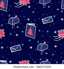 Christmas hand drawn seamless pattern with Santa Claus mail, mailbox, stamp, christmas card. Holiday illustration for wrapping paper, textile, fabric, design elements on dark blue background 