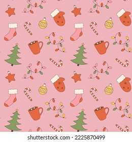 Christmas hand drawn seamless pattern in retro groovy colors