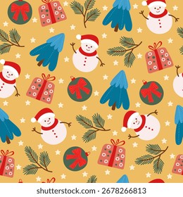 Navidades dibujadas a mano sin patrón con muñecos de nieve lindos, regalos de vacaciones, estrellas y ramas de abeto. Fondo de Festiva para papel de regalo, postal, cubierta. Vector.