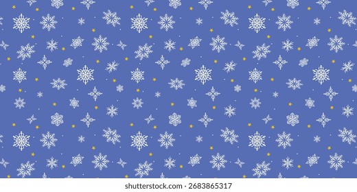 Navidades Dibujado a mano Patrón sin fisuras con copos de nieve geométricos lindos sobre fondo azul. Fondo de invierno con nieve caída, diseño simple perfecto para tarjetas, Web, Anuncios, póster, papel de regalo