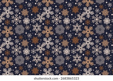Mão de Natal desenhado sem emenda padrão com flocos de neve multicoloridos geométricos bonitos no fundo preto. Fundo de inverno com queda de neve, design simples perfeito para cartões, web, banners, cartaz