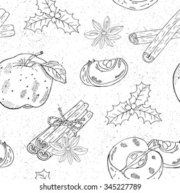 Christmas hand drawn seamless pattern. Surface black food decoration with apples, anise, holly berry.Vector illustration. Cloth design, wallpaper, wrapping.
