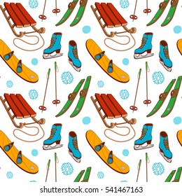 Christmas Hand drawn seamless pattern. Winter sports equipment for skiing sled, ski, skates and snowboard. Vector background in cartoon style for web page, textile, wrapping paper
