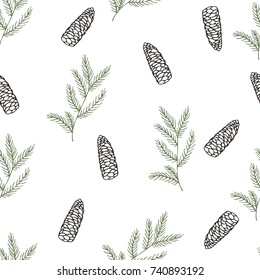 Christmas hand drawn seamless pattern. vector background. Xmas plants. Cones and 
pine branches