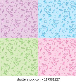 christmas hand drawn seamless patterns with angels and elves