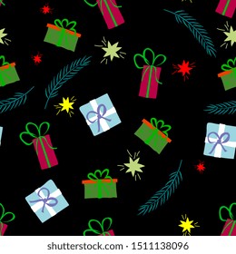Christmas hand drawn seamless  pattern.Xmas decorations sketch texture.Christmas  gift,fir tree,spruce branches,ball and snowflakes.Holiday scandinavian illustration.New Year textile,wrapping,