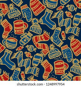 Christmas hand drawn seamless vector pattern. Doodle texture with warm scarves, hats, socks, tea cup, sweets. Winter holiday color background fill. New Year wrapping paper, textile sketch illustration
