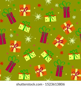 Christmas  hand drawn seamless vector pattern. Xmas sketch texture. Color decorated gift boxes, gift. Winter holiday scandinavian illustration. New Year textile, wrapping paper, background design