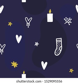 Christmas hand drawn seamless vector pattern. Xmas decorations sketch texture. Christmas ball, sock, hearts, stars clipart. Holiday background. New Year illustration for textile, wrapping paper, fill