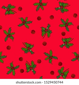 Christmas  hand drawn seamless vector pattern with holly and bells. Xmas sketch texture.  Winter holiday  illustration. New Year textile, wrapping paper, background design