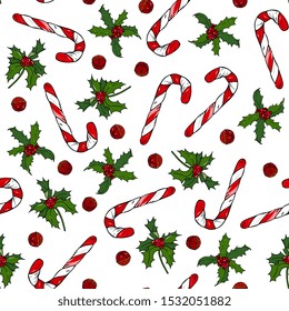 Christmas  hand drawn seamless vector pattern with sweet cane and holly and bells. Xmas sketch texture.  Winter holiday  illustration. New Year textile, wrapping paper, background design
