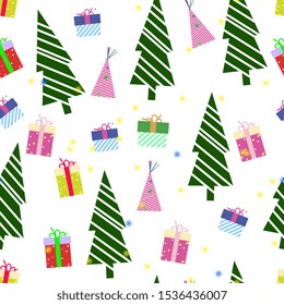 Christmas  hand drawn seamless vector pattern. Xmas  flat background. Color decorated gift boxes, gift and christmas tree. Winter holiday scandinavian illustration. New Year textile, wrapping paper,