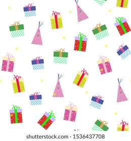 Christmas  hand drawn seamless vector pattern. Xmas  flat background. Color decorated gift boxes, gift. Winter holiday scandinavian illustration. New Year textile, wrapping paper, background design