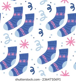 Christmas hand drawn seamless vector pattern. Colorful socks with snowflakes. Xmas sketch texture. Winter holiday background with snow. New Year color textile, wrapping paper design, vector fill