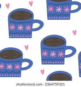 Christmas hand drawn seamless vector pattern. Big cups with hearts. Xmas sketch texture. Winter holiday background with tea or coffee. New Year kitchen textile, wrapping paper design