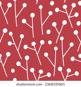 Weihnachtshandgezeichnet nahtlose Vektorgrafik. Weiße Beeren auf Rot. Weihnachtskunsttextur. Traditioneller Winterurlaubshintergrund. Neujahrsfarbige Textilien, Verpackungspapierdesign, Deckel, Postkarte