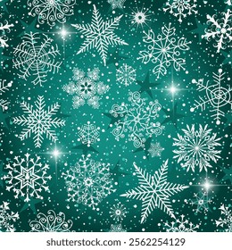 Christmas hand drawn seamless vector pattern with doodle white snowflakes and stars on green gradient background